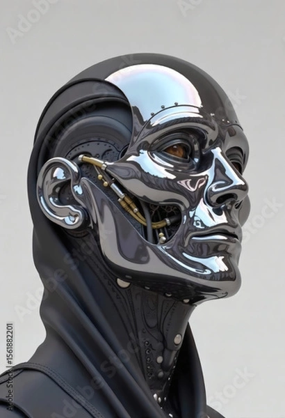 Fototapeta High-Tech Chrome Cyborg Profile with Biomechanical Features and Reflective Surface Details