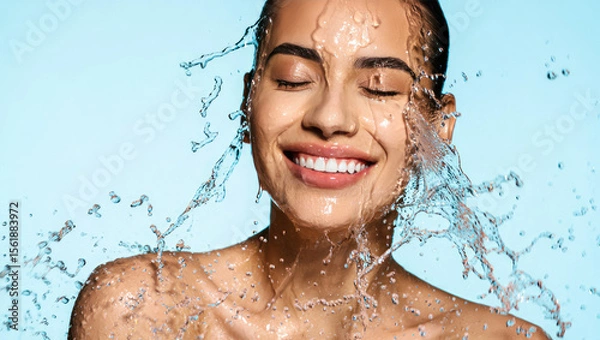 Obraz Beautiful Woman with splashes of water on her face. Beautiful Smiling model under splash of water with fresh skin over blue background. Skin care, Cleansing and moisturizing concept. Beauty cosmetics