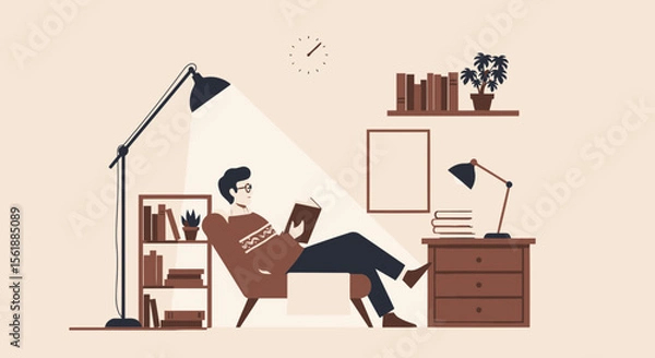 Fototapeta Man Reading Book Relaxing In Cozy Room Flat Vector Style Illustration