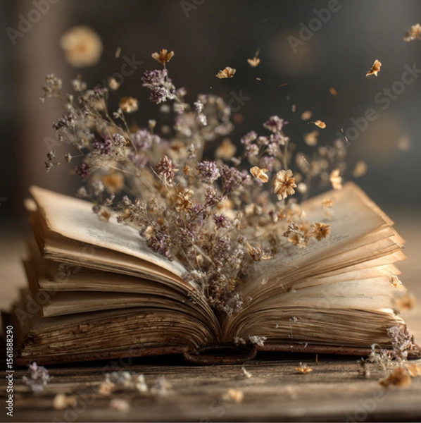 Obraz an old open book with delicate dried flower petals and small aromatic herbs emerging and gently spilling out from between the pages, warm soft natural lighting, textures on the paper and petals