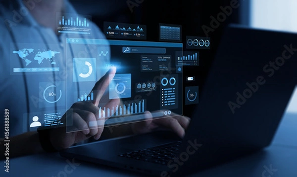 Fototapeta Management data System KPI connected in database for follow earnings,operations and sales data.Financial business data analytics graph dashboard. 