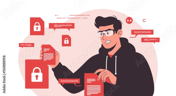 Fototapeta Frustrated Man Encounters Ransomware Attack On Digital Files And Needs Data Protection