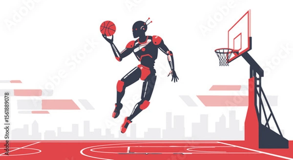 Fototapeta Futuristic Robot Basketball Player Performing a Slam Dunk in the City