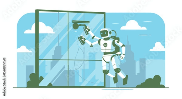 Fototapeta Futuristic Robot Cleaning Windows of a Modern Building for Efficiency and Precision