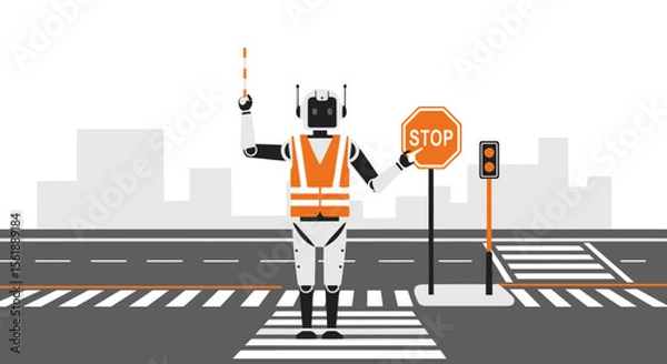 Fototapeta Futuristic Traffic Control Robot Directing Pedestrians Safety At Crosswalk