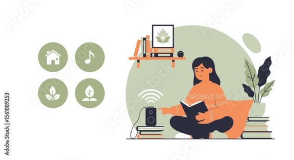 Fototapeta Girl Reads A Book While Listening To Music And Nature Sound On A Smart Speaker