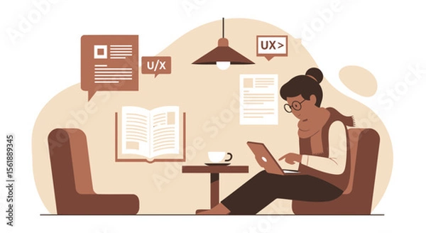Fototapeta Girl Working On Laptop Illustration For Ux Design Project In Comfortable Workspace