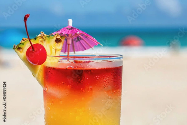 Obraz Refreshing tropical drink garnished with cherry and pineapple umbrella on sunny beach during summer afternoon. Generative AI