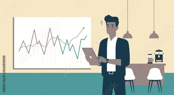 Fototapeta Man Analyzes Stock Market Data with Laptop and Concerned Expression in Office