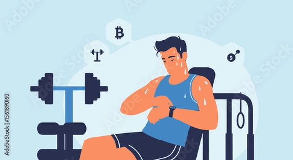 Fototapeta Man Checking Crypto Price On Smartwatch After Workout At The Gym