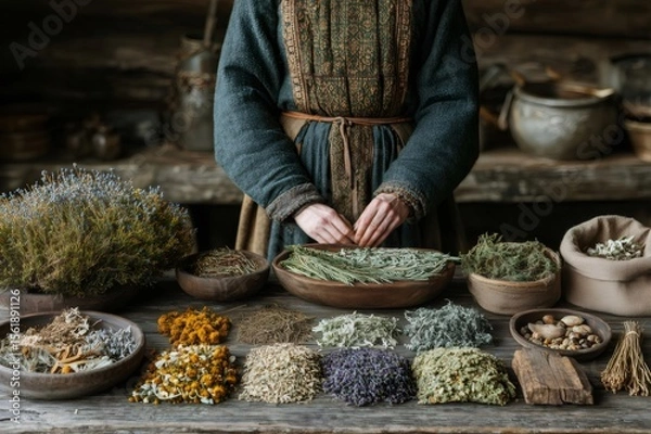 Fototapeta Woman dressed in medieval attire, mixing dried herbs for traditional medicine on a rustic wooden table, surrounded by a warm, inviting interior that reflects ancient healing practices