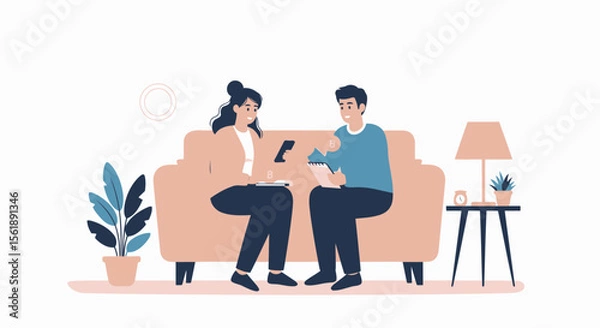 Fototapeta Young Professionals Collaborate Sitting On Sofa During Project Planning Discussion
