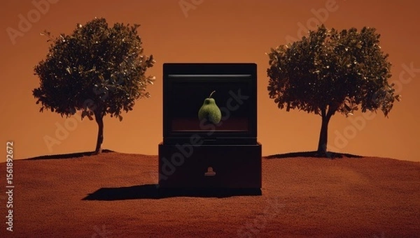 Fototapeta Dark box with green pear, flanked by trees on a sandy plain