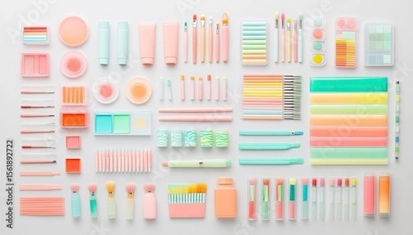 Fototapeta Colorful cosmetic and art supplies arranged in a grid pattern
