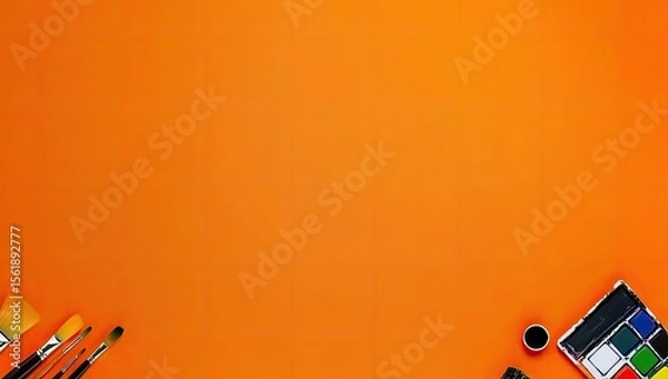 Fototapeta Orange background with art supplies arranged at the edges