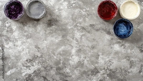 Fototapeta Colorful paint containers arranged on a textured gray surface