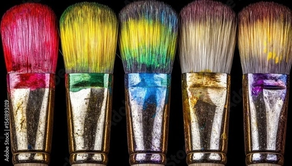 Obraz Close-up of five paintbrushes, vibrant colors, and metallic handles, against a black background