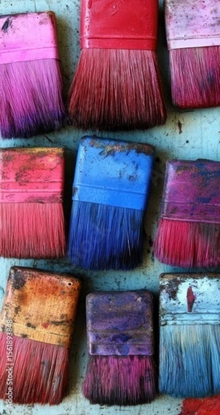 Fototapeta Used paintbrushes in various colors, arranged close together