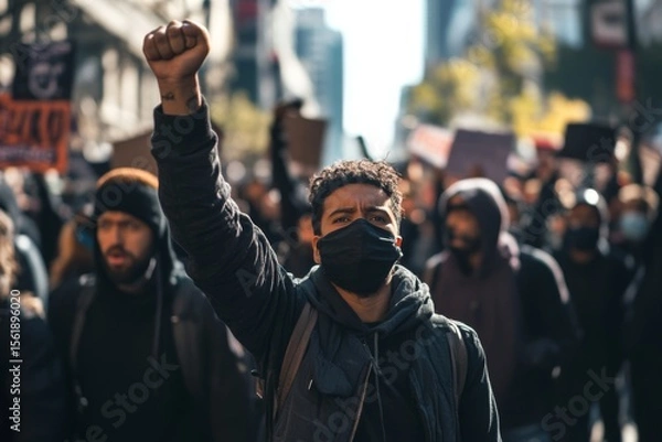 Fototapeta Activists protesting on the street in mask