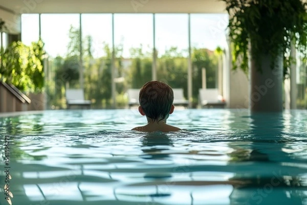 Fototapeta back view of child in modern swimming pool