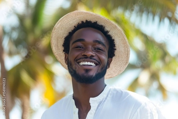 Fototapeta Smiling african man in white clothes in tropical background with palms