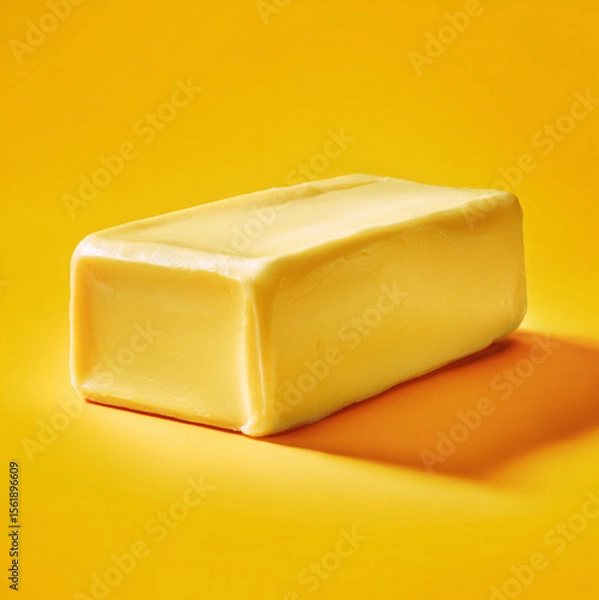 Obraz block of butter, with crumbled pieces beside it, sits on a vibrant yellow surface, highlighting its creamy texture.