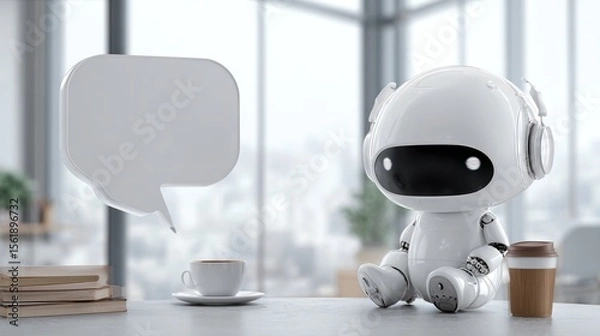Fototapeta Photo of an AI robot with coffee and an empty speech bubble, on a table in an office room, with a copy space area for text or a logo. The color theme is white. 