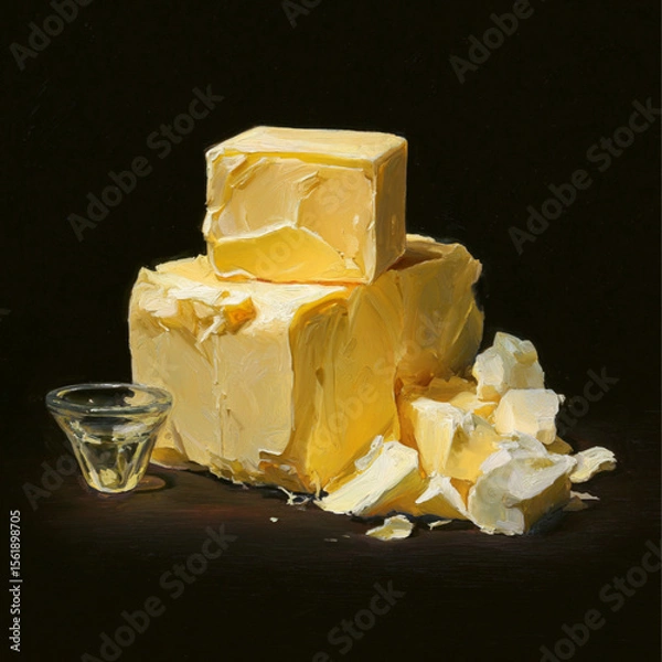 Obraz block of butter, with crumbled pieces beside it, sits on a black surface, highlighting its creamy texture.