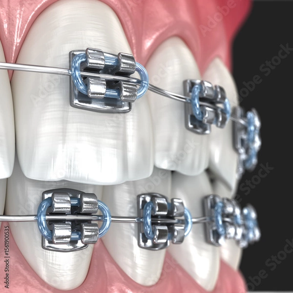 Fototapeta Metal braces on teeth, macro view. 3D illustration