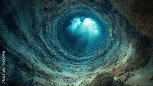 Fototapeta Sunlight streams into a deep cave