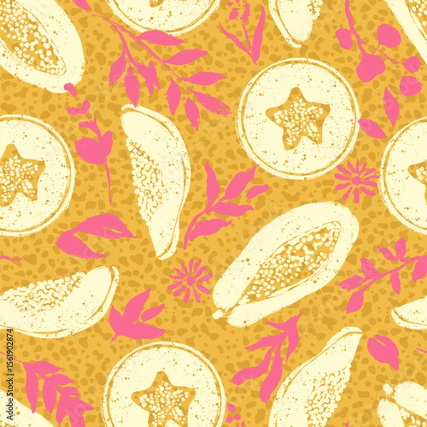 Fototapeta Sweet Papaya with Botanicals Vector Seamless Pattern