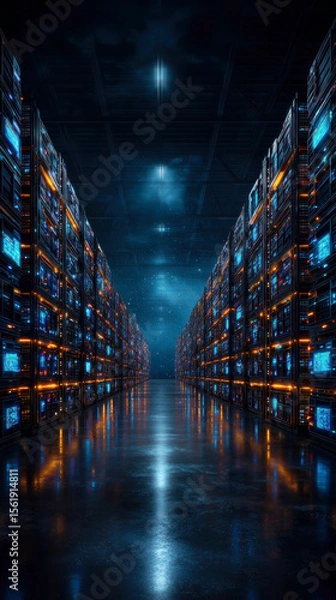 Obraz Explore a futuristic data center, illuminated by vibrant lights reflecting off sleek surfaces, symbolizing the power and complexity of modern data storage solutions.