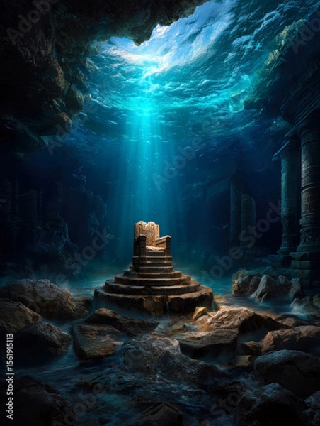 Obraz An ethereal underwater scene featuring an ornate throne illuminated by shafts of sunlight filtering through the water, surrounded by ancient ruins and mysterious underwater life.