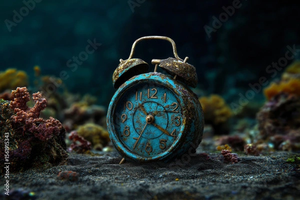 Obraz An antique alarm clock, submerged underwater, covered in corrosion and surrounded by vibrant coral.