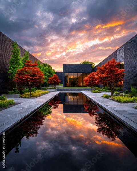 Obraz This serene garden features vibrant maple trees, mirrored reflections in water, and dramatic sky colors, creating a peaceful retreat in a contemporary architectural setting.