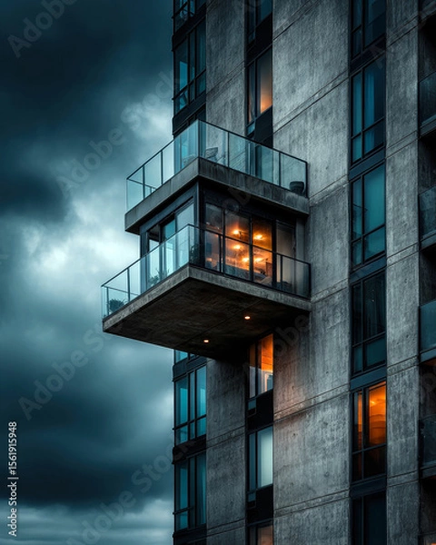 Obraz Discover the striking contrast of modern architecture against a moody sky, featuring a beautifully illuminated balcony that invites comfort and style amidst an urban backdrop.