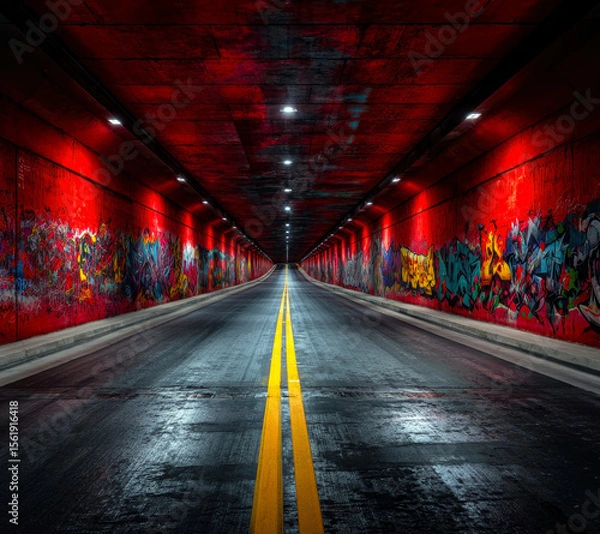 Obraz A striking view of a long, illuminated tunnel featuring vibrant red walls adorned with colorful graffiti, leading towards an intriguing vanishing point with a double yellow line.