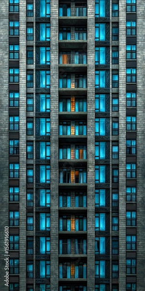 Obraz This captivating image showcases the intricate facade of an urban apartment building, highlighting contrasting illuminated windows against a backdrop of cool blues and gray tones.