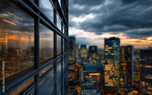 Obraz A stunning view of skyscraper windows reflecting a vibrant city skyline at twilight, contrasting dark clouds and glowing lights, capturing the essence of urban life as day transitions to night.