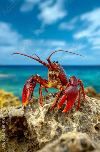 Obraz A striking lobster perched on a rocky surface, showcasing its vivid colors against a backdrop of blue sky and clear ocean.