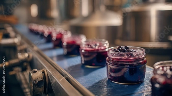 Fototapeta chunky blueberry pie filling jars on conveyor, dessert ingredient manufacturing and bakery 
