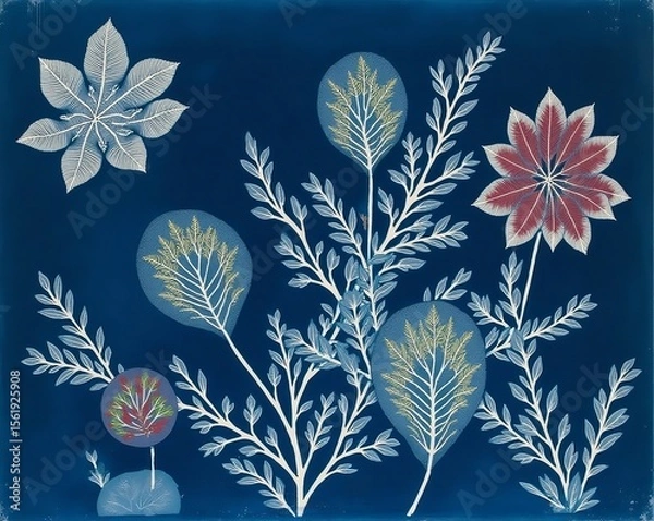 Fototapeta Blue and colored cyanotype of flowering plants, an ancient photography process