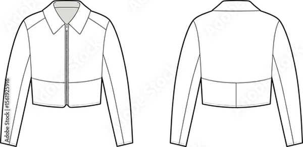 Fototapeta Zip-up cropped jacket with collar, front and back technical view, fashion garment cad flat sketch, vector illustration for design