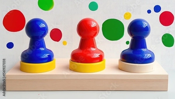 Obraz Three colored pegs on a light wooden base, with colorful polka dots in the background