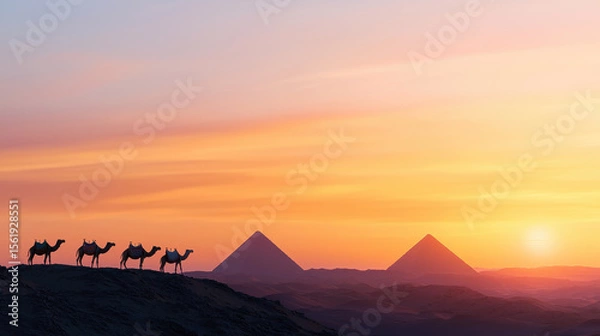 Fototapeta Stunning sunset view featuring camels silhouetted against pyramids, creating serene and majestic atmosphere
