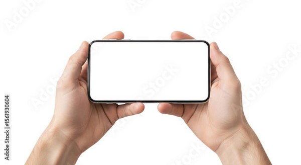 Obraz Person holding a smartphone with a blank screen in landscape mode isolated PNG with Transparent Background