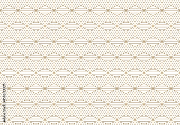 Obraz Elegant geometric pattern with interconnected hexagon, triangles and striped lines, creating a sophisticated, repeating gold and cream background. Vector illustration 