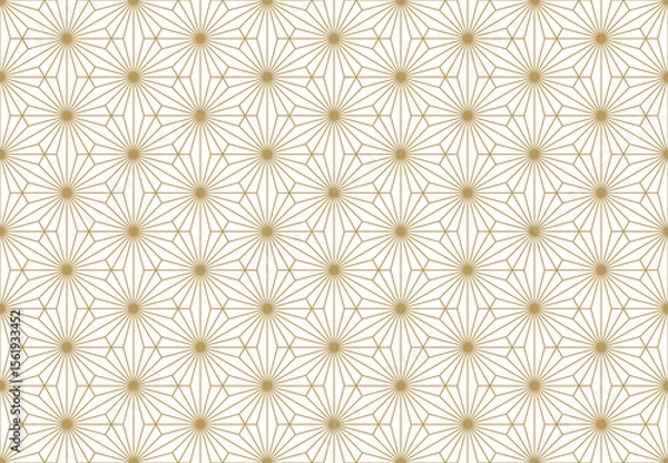 Obraz Seamless pattern featuring interconnected hexagons and radiating starburst shapes in elegant gold lines on white background. Vector illustration.