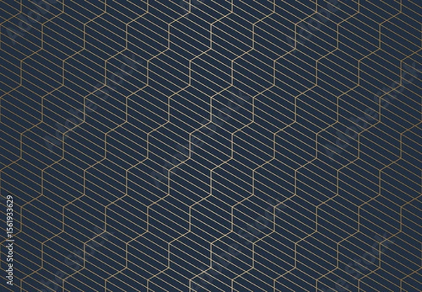 Obraz Seamless pattern features an array of interconnected isometric hexagons with diagonal lines, creating a deep navy and shimmering gold geometric design. Ideal for sophisticated backgrounds.