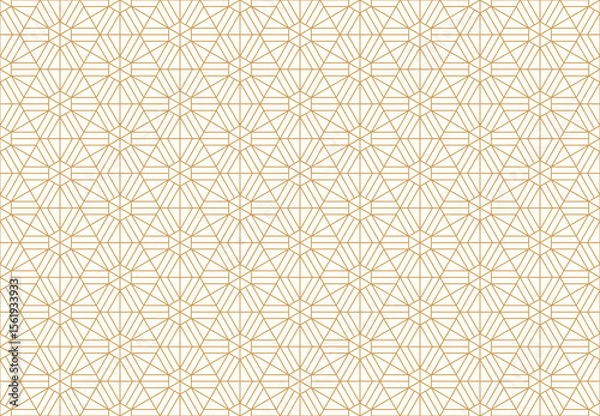 Obraz eamless pattern showcasing an intricate arrangement of interlocking hexagons and triangular shapes, forming a repeating gold linear design on a white background. Ideal for elegant aesthetics.